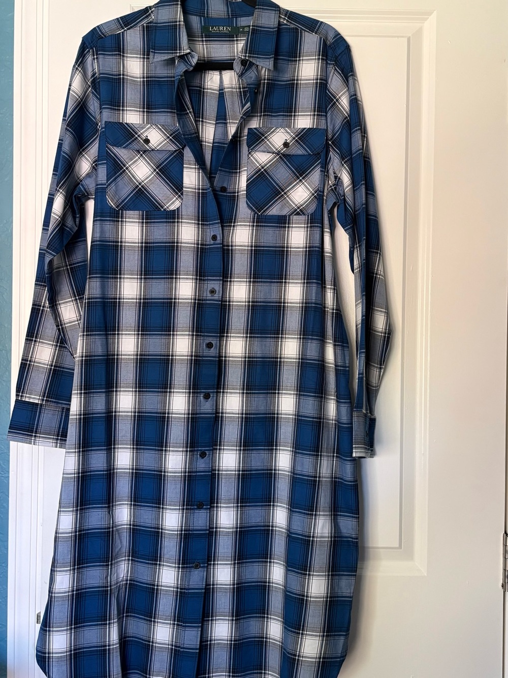 Lauren Ralph Lauren Blue and White Plaid Long Sleeve Shirt Dress